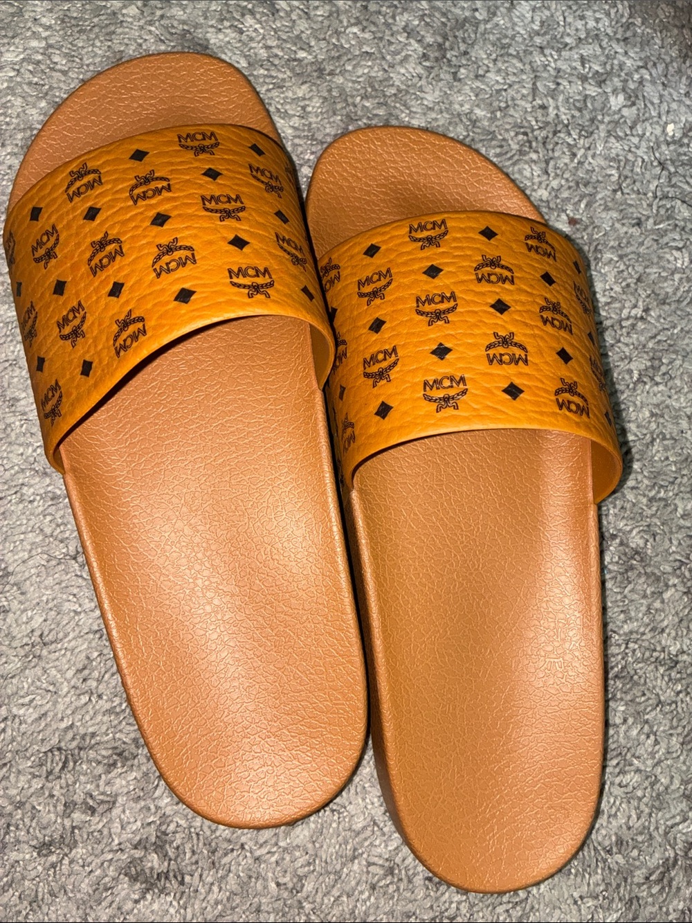 MCM Cognac/Tan Logo Print Slide Sandals